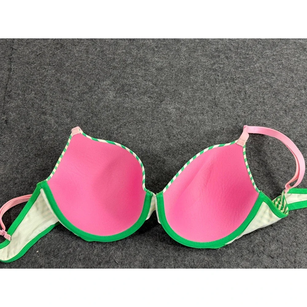 Victoria's Secret PINK T-Shirt Bra Women 34DD Green Striped Great Condition